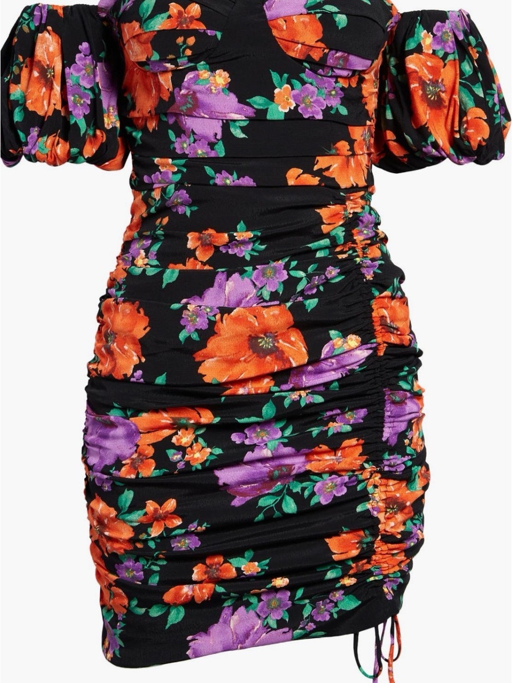 Astr Black Strapless Ruched Mini Dress with Orange & Purple Floral Print